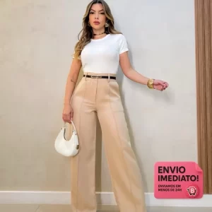 Calça Social Feminina Pantalona Com Cinto luxo